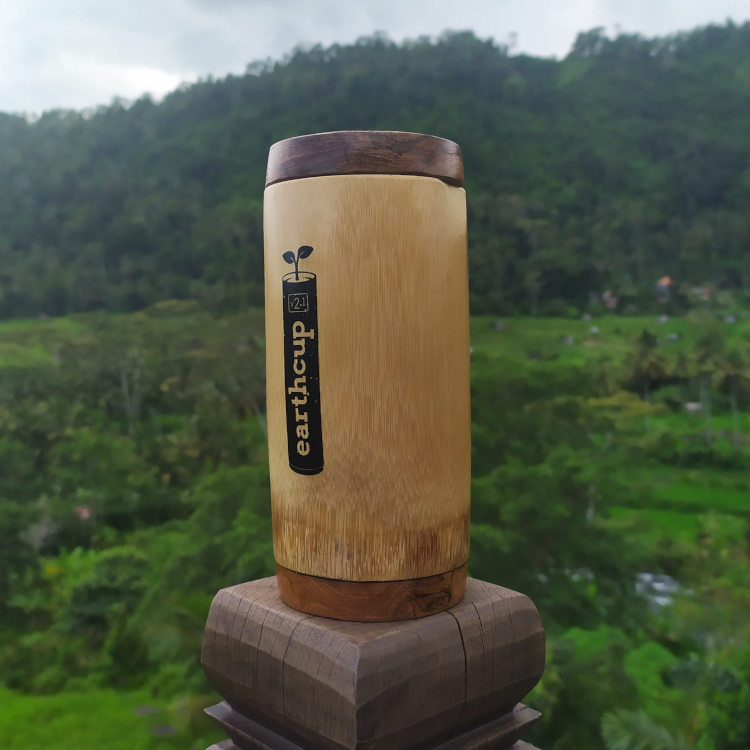 A bamboo and teak earthcup poised on a pedstal with a tropical forest background